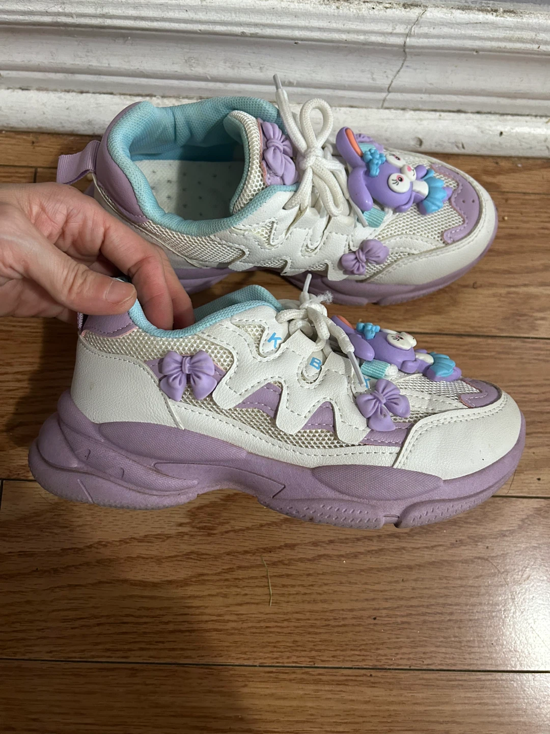 Size 3 Girls White & Purple Bunny Character Sneakers - photo 2