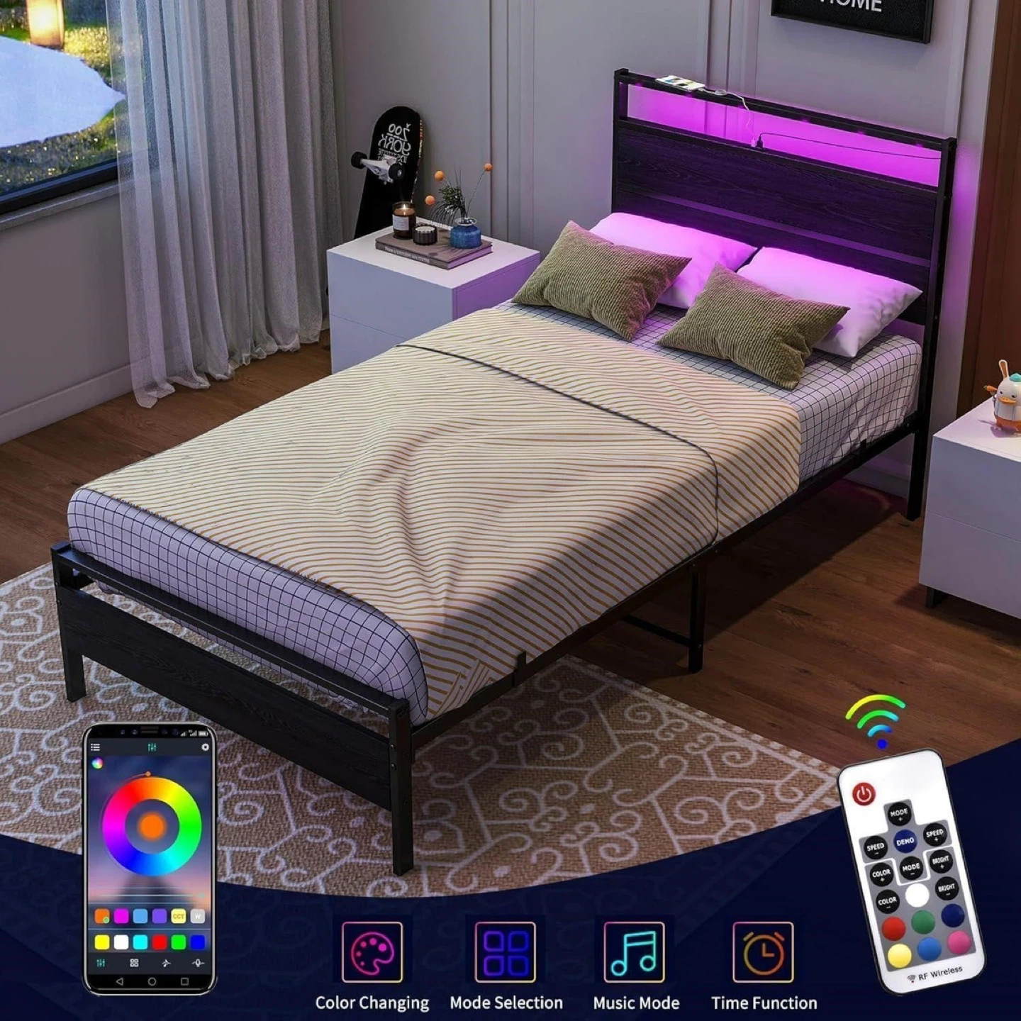 Twin size Bed Frame with LED Headboard and Under-Bed Storage - photo 4