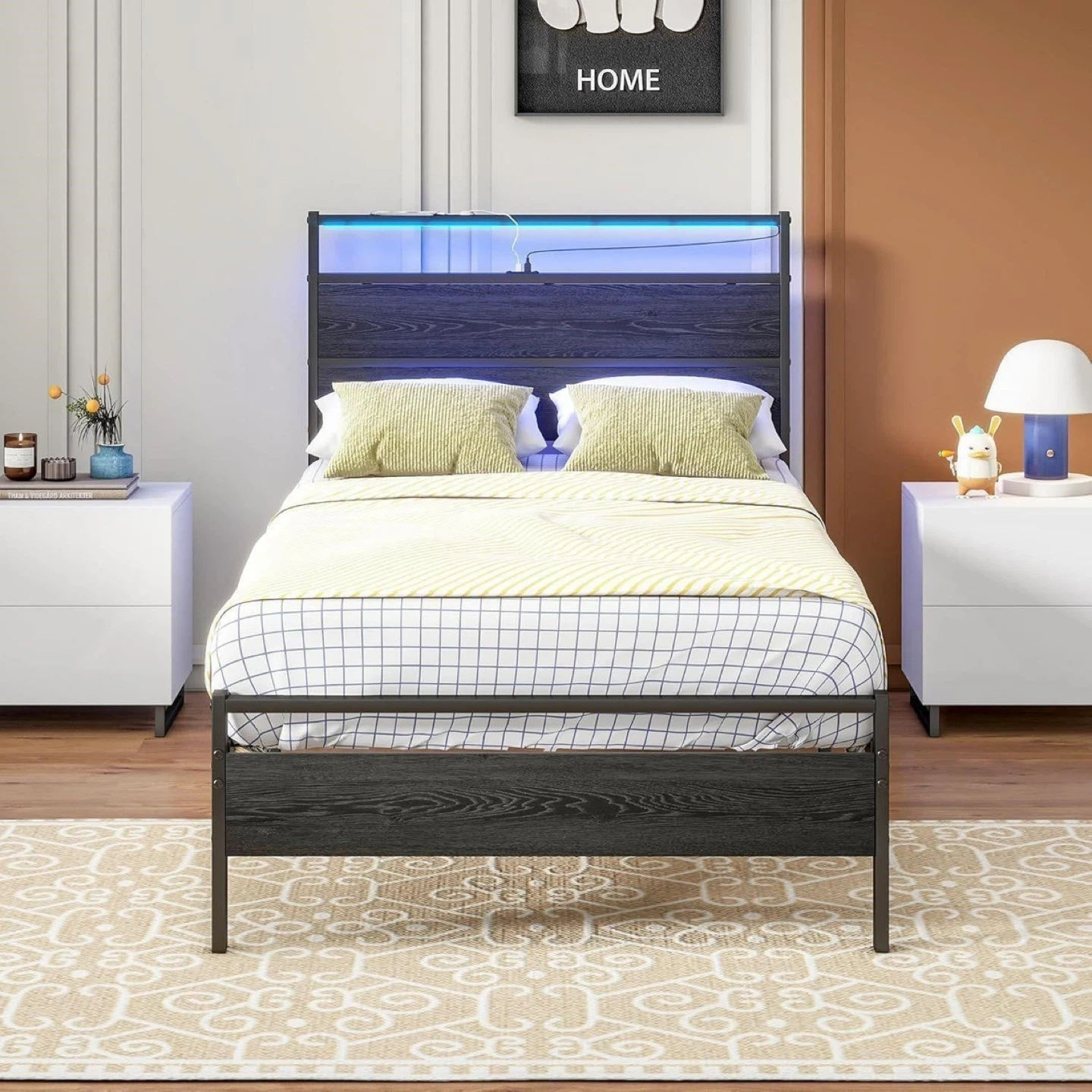Twin size Bed Frame with LED Headboard and Under-Bed Storage