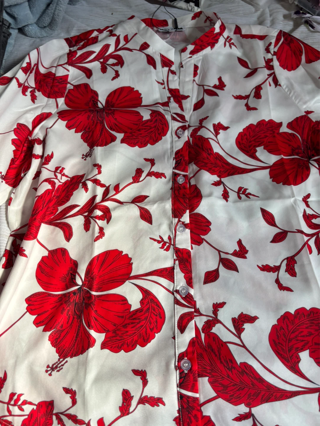White Shirt with Red Floral Print