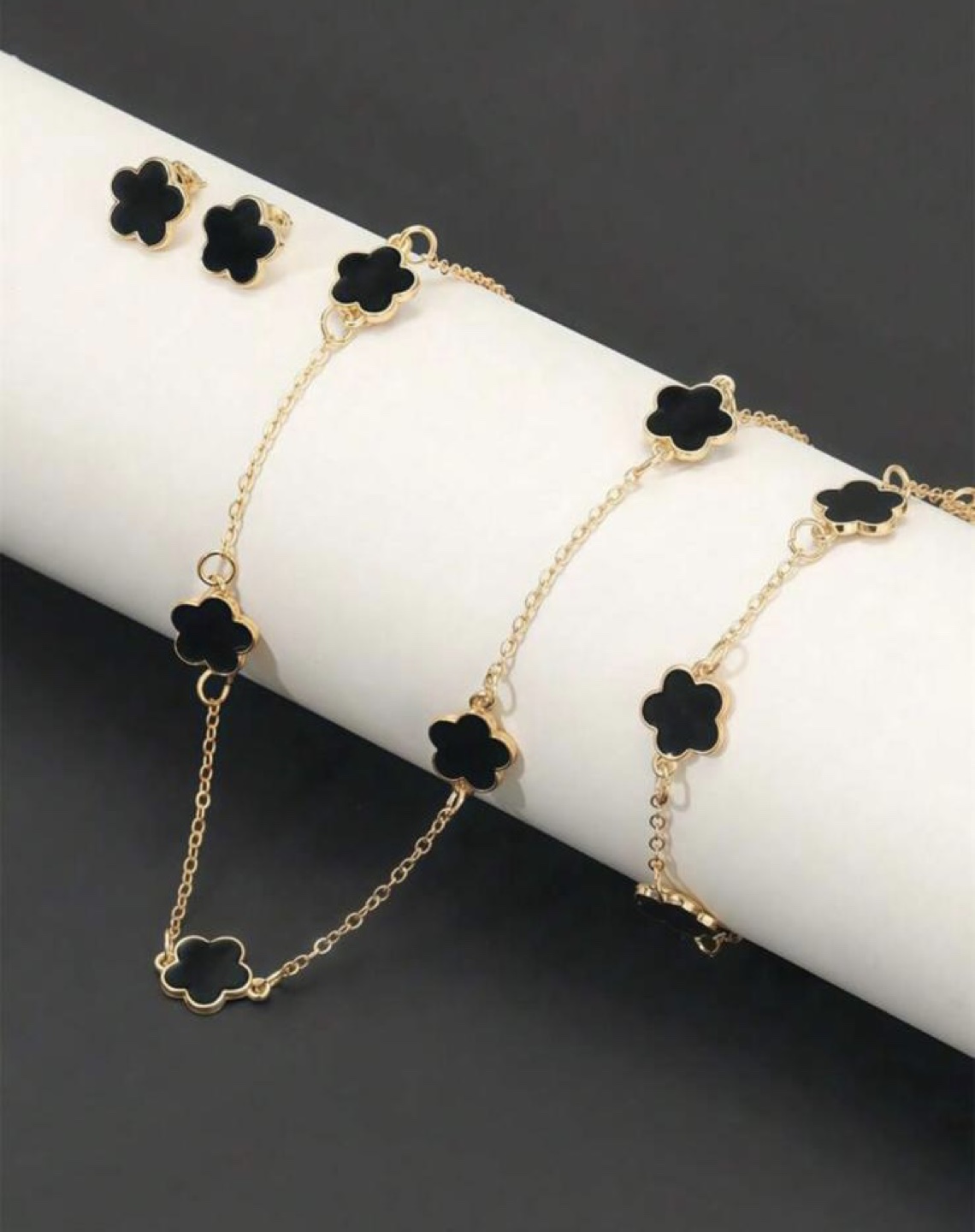 Gold Tone Black Clover Necklace and Earring Set