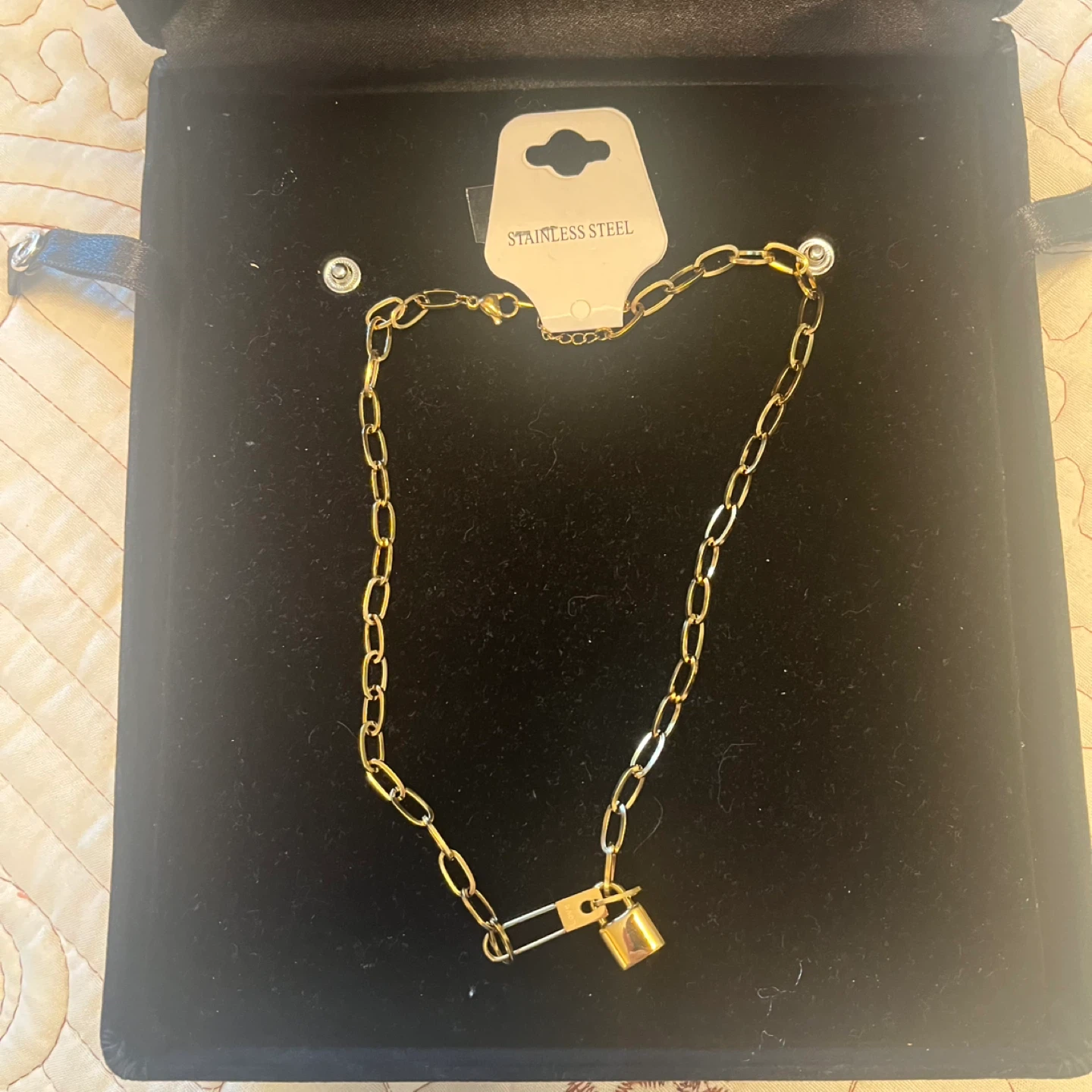 Gold Tone Stainless Steel Padlock Charm Choker Necklace - photo 2