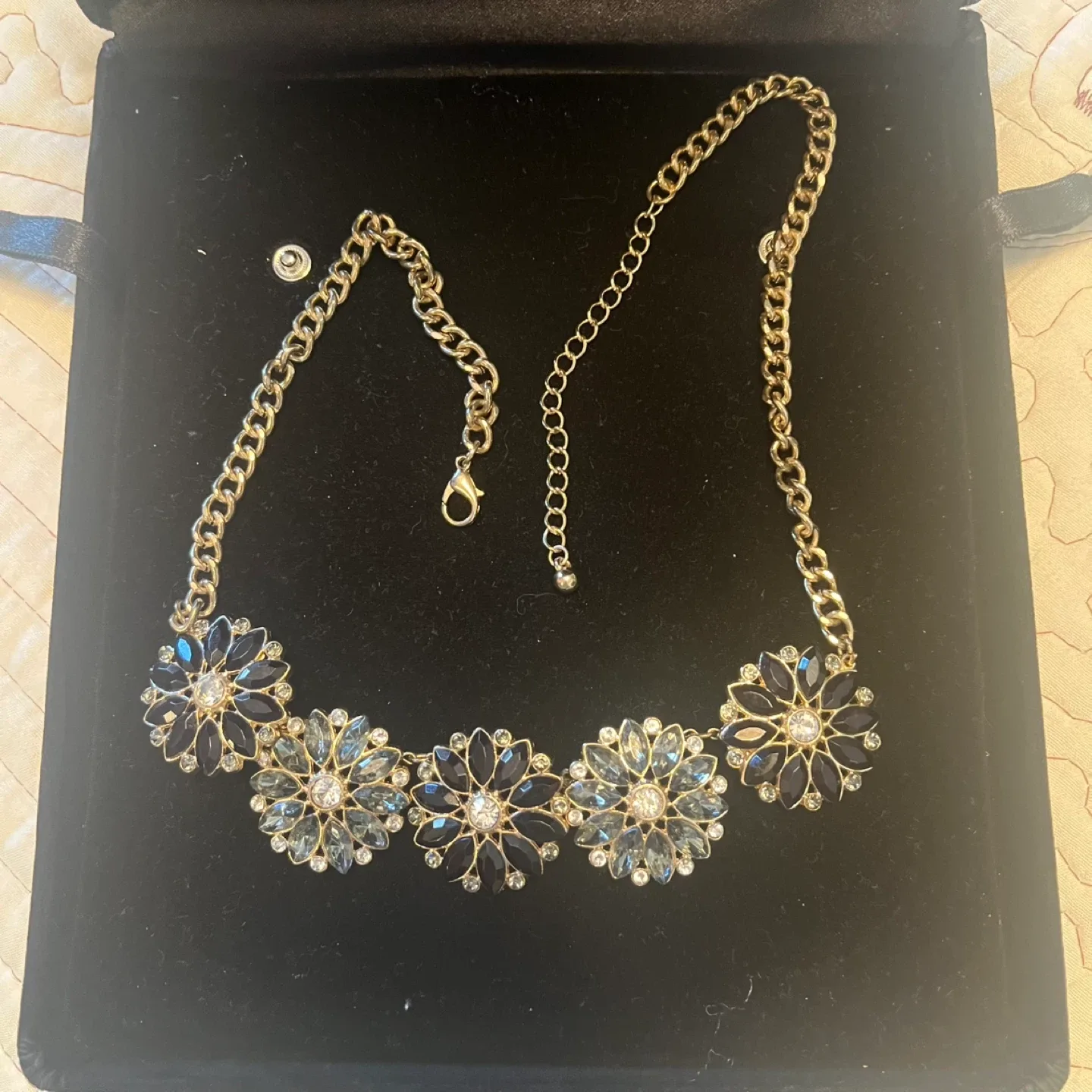 Gold Flower Statement Necklace with Blue and Clear Crystals - photo 3