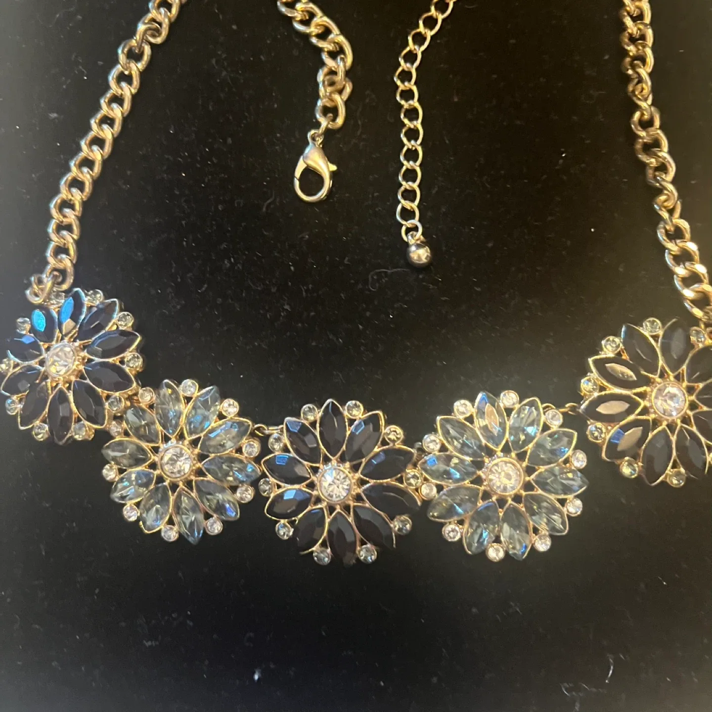 Gold Flower Statement Necklace with Blue and Clear Crystals