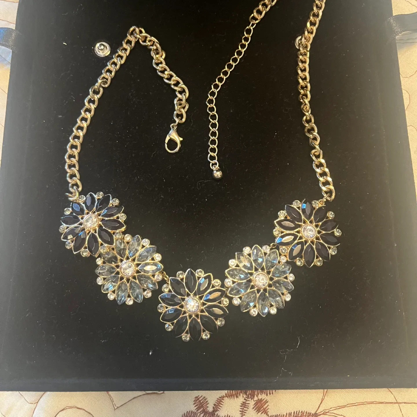 Gold Flower Statement Necklace with Blue and Clear Crystals - photo 2
