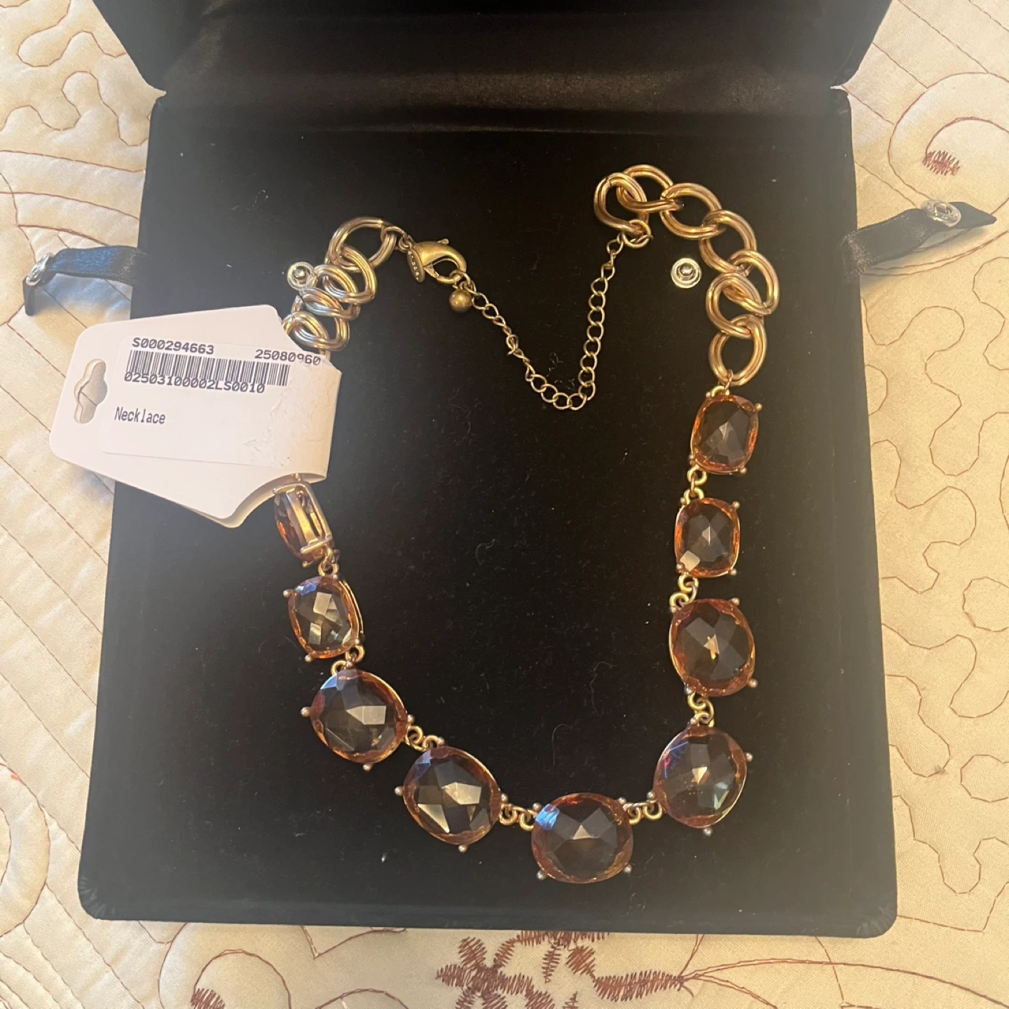 Gold Tone Chunky Chain Necklace with Amber Faceted Stones - photo 3