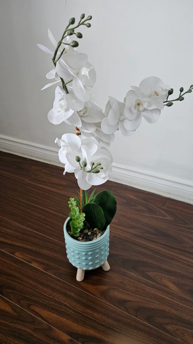 Artificial White Orchid Plant in Blue Pot - photo 2