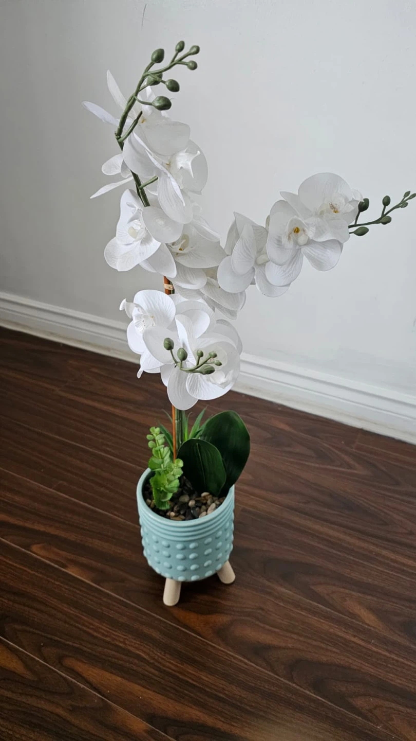 Artificial White Orchid Plant in Blue Pot