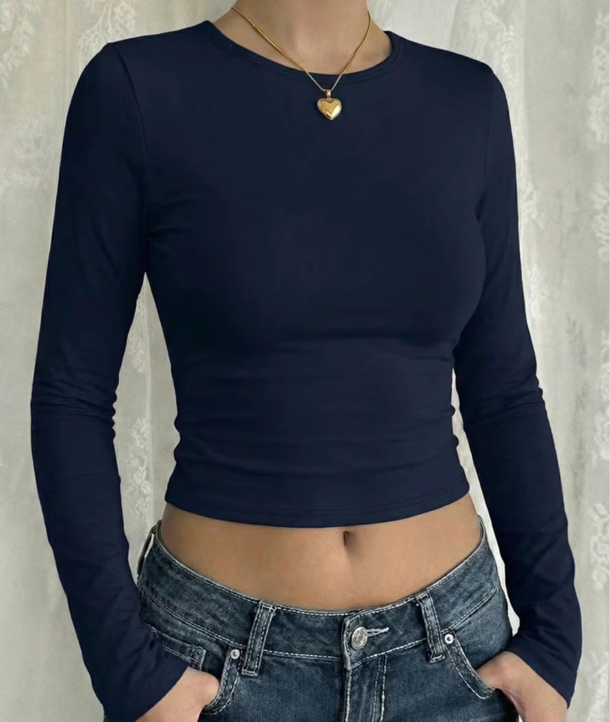 Ribbed Cropped Long Sleeve Top - Navy Blue