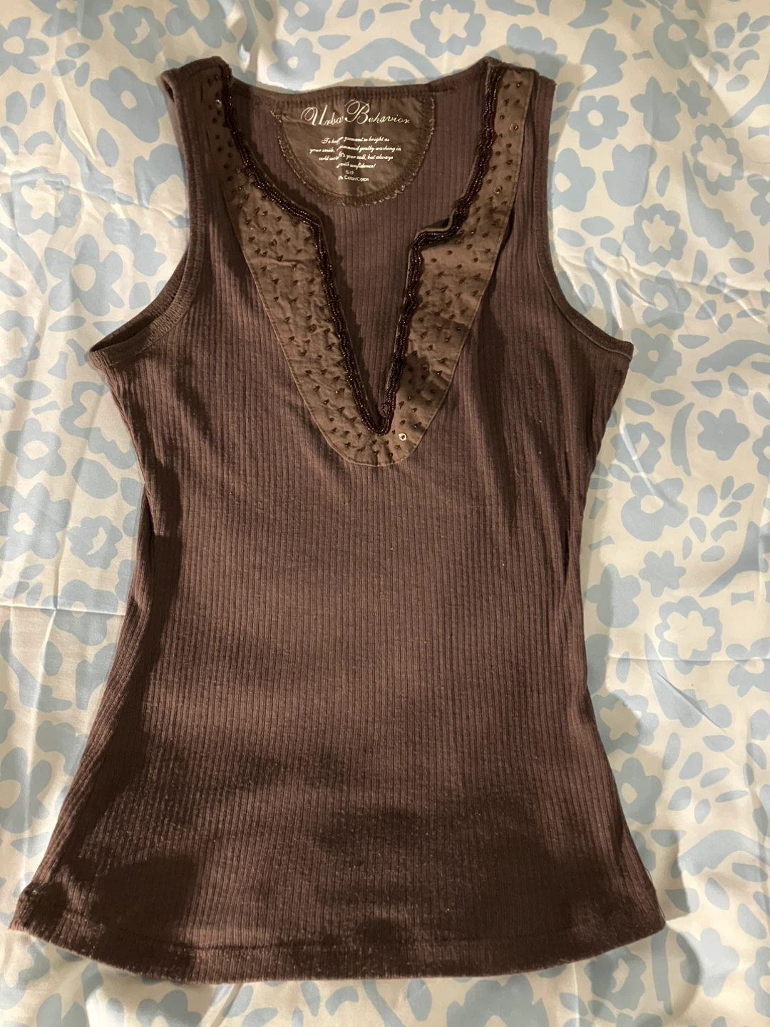 Urban Behavior Brown Ribbed Tank Top with Beaded Neckline