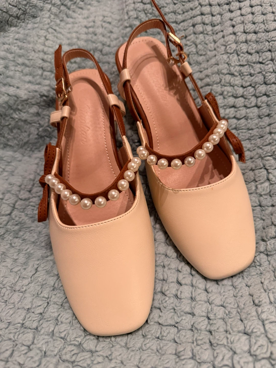NEW!size 38 Women faux pearl & bow square toe heeled shoes - photo 5