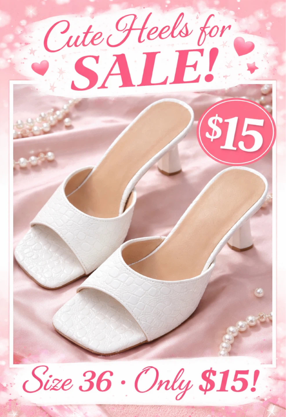 White Faux Croc Square Toe Heels - Size 36