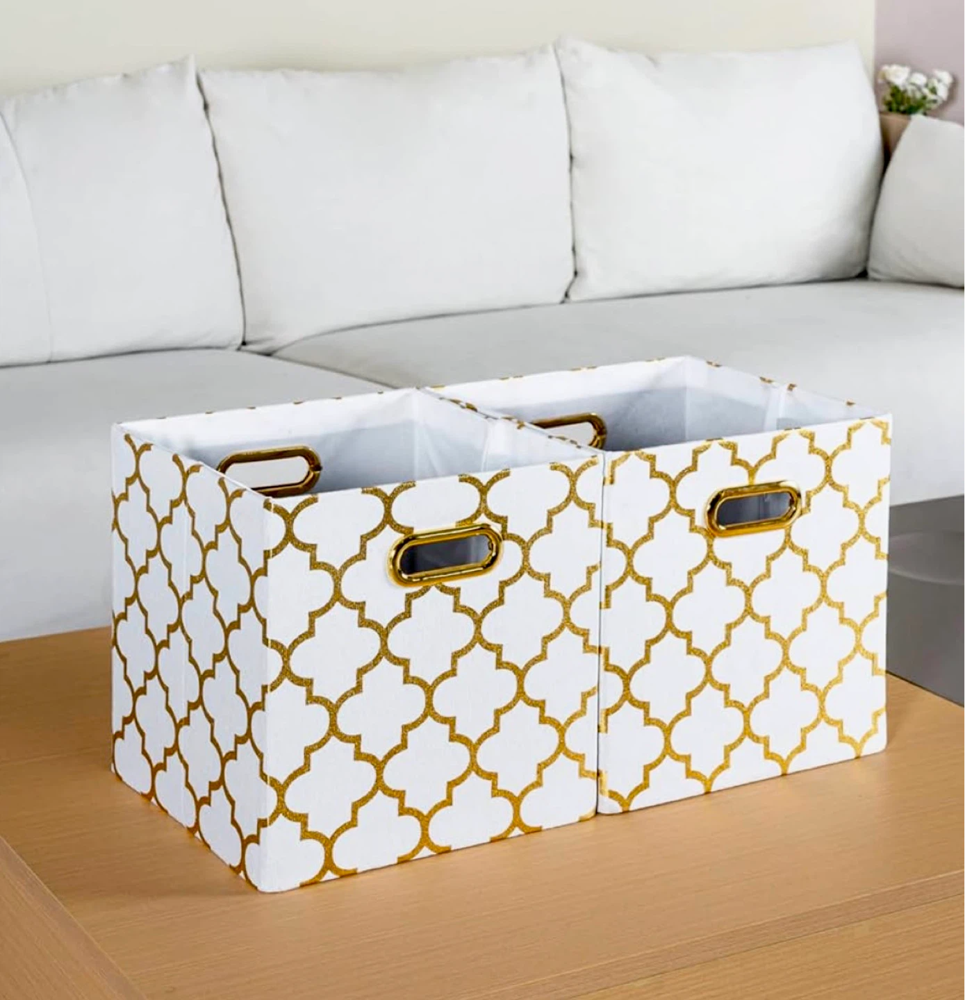 Storage Cube Bins (set of 2)  - 11 x 11 x 11 (inch) gold & white