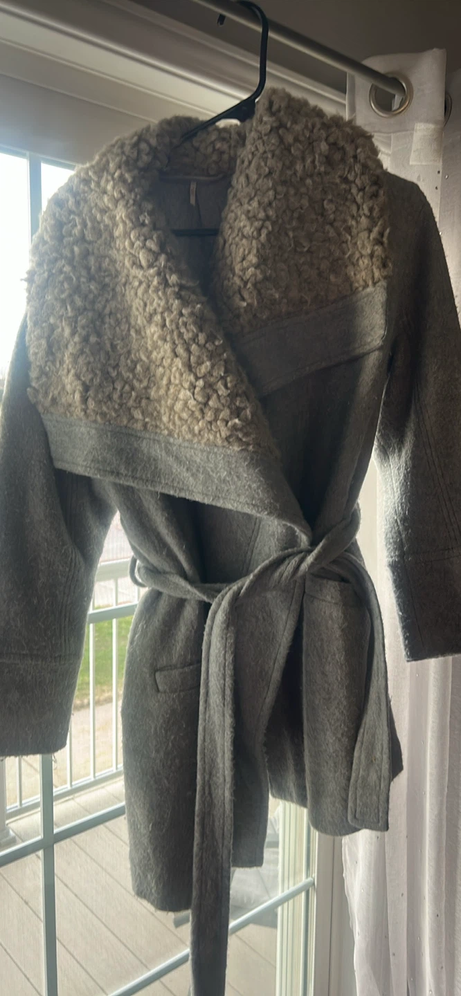 Free People Grey Wool Blend Faux Fur Collar Wrap Coat