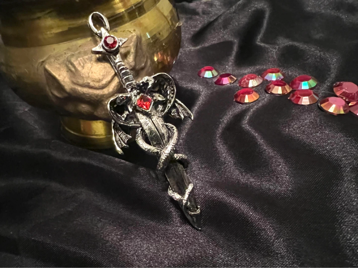 Dragon and Sword Pendant with Red Gems
