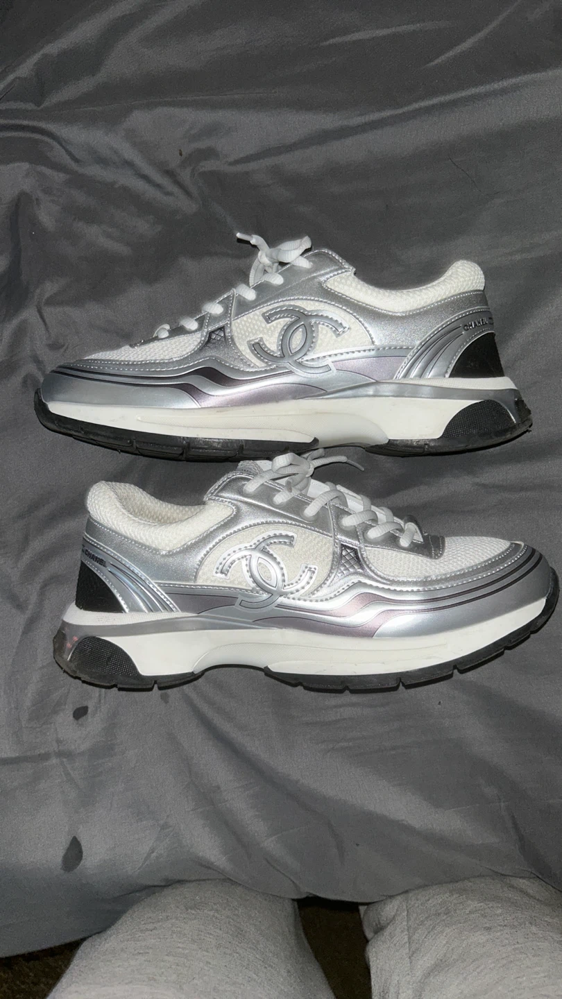 Chanel Silver & White Low Top Sneakers