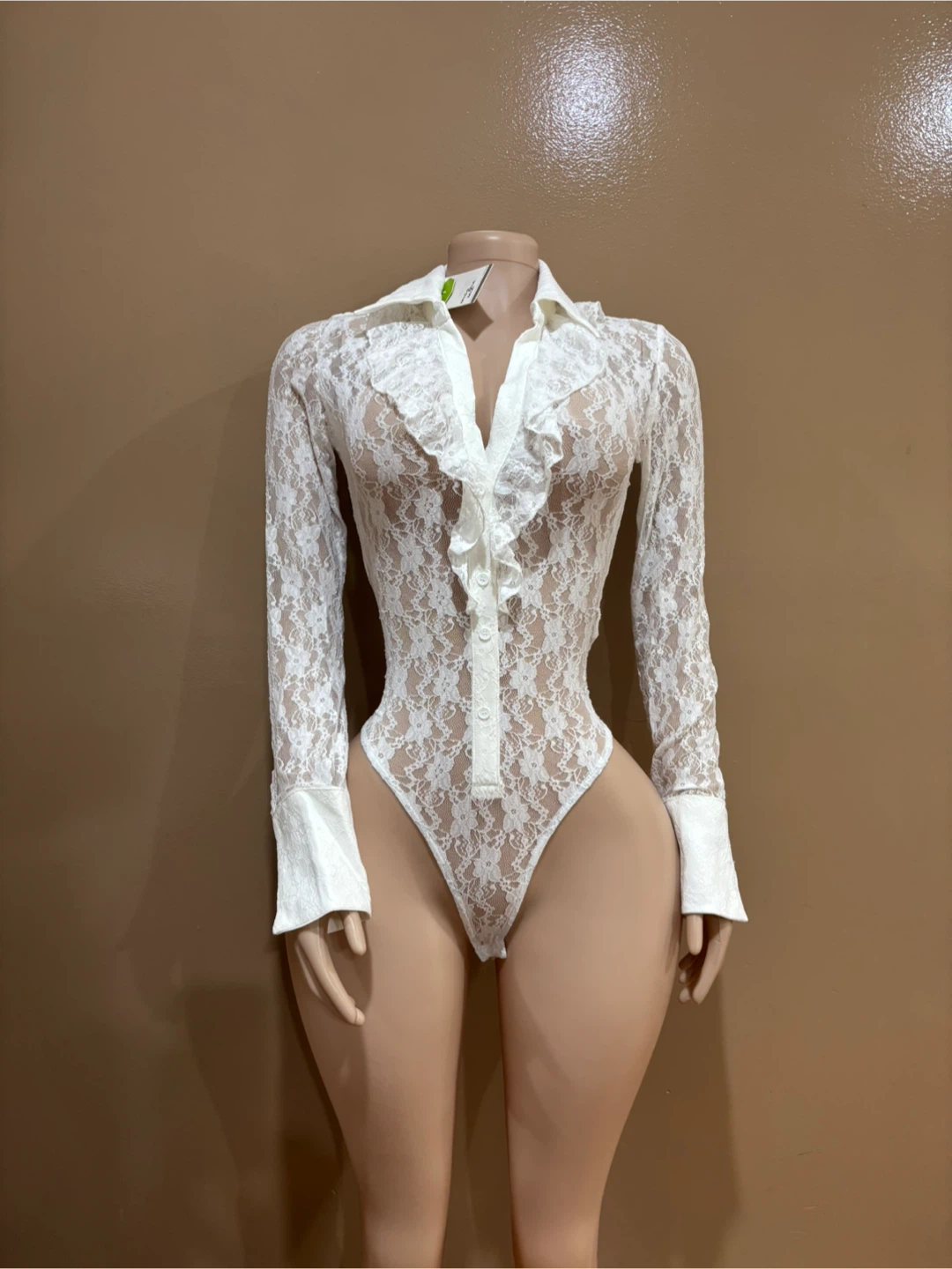 White Lace Long Sleeve Bodysuit with Ruffles