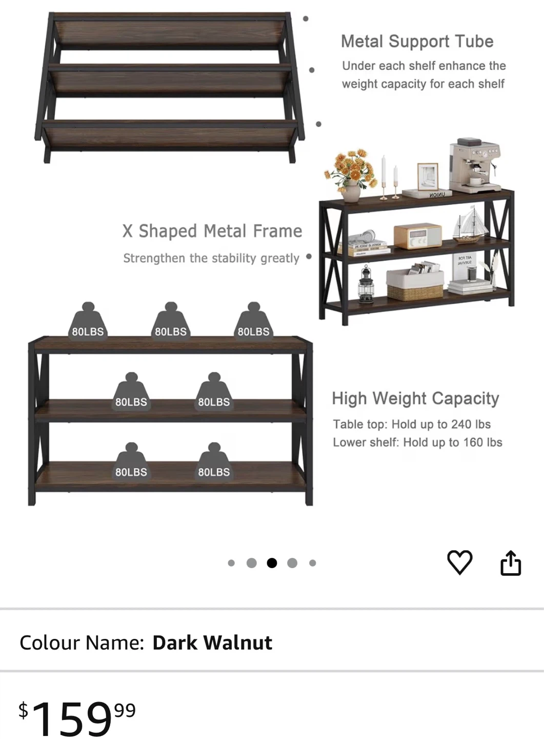 Dark Walnut 3-Tier Console Table