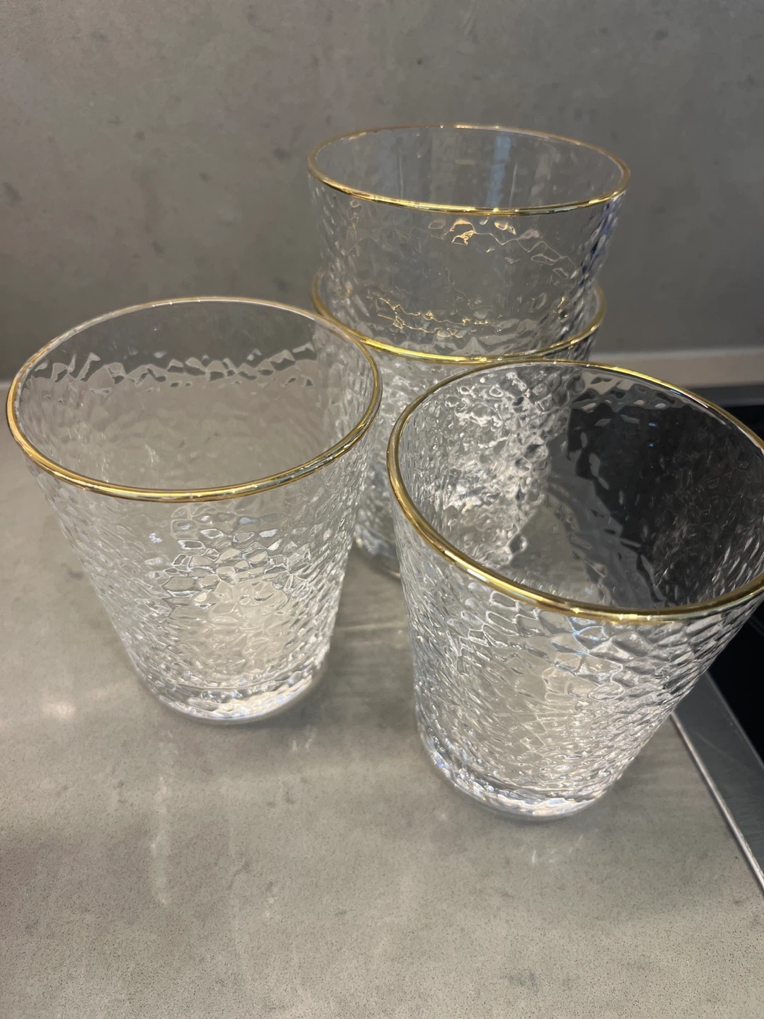Set of 4 Clear Textured Glasses with Gold Rim