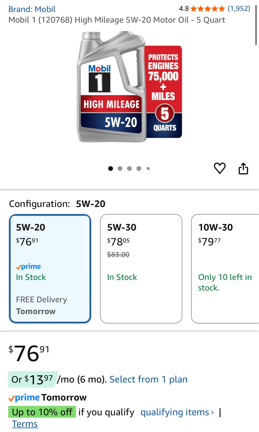 Mobil 1 High Mileage 5W-20 Motor Oil - 5 Quart - photo 3