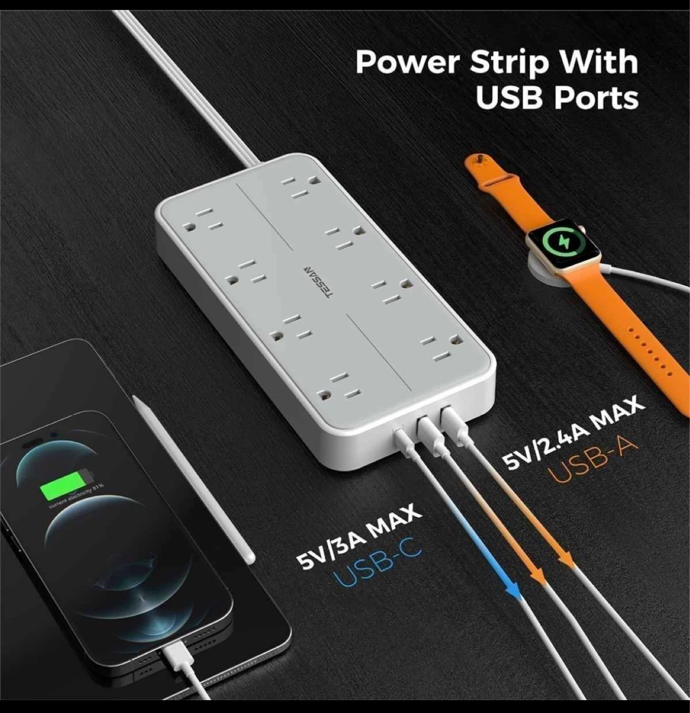 TESSAN Power Strip with 3 USB Ports and 6 AC Outlets - photo 4