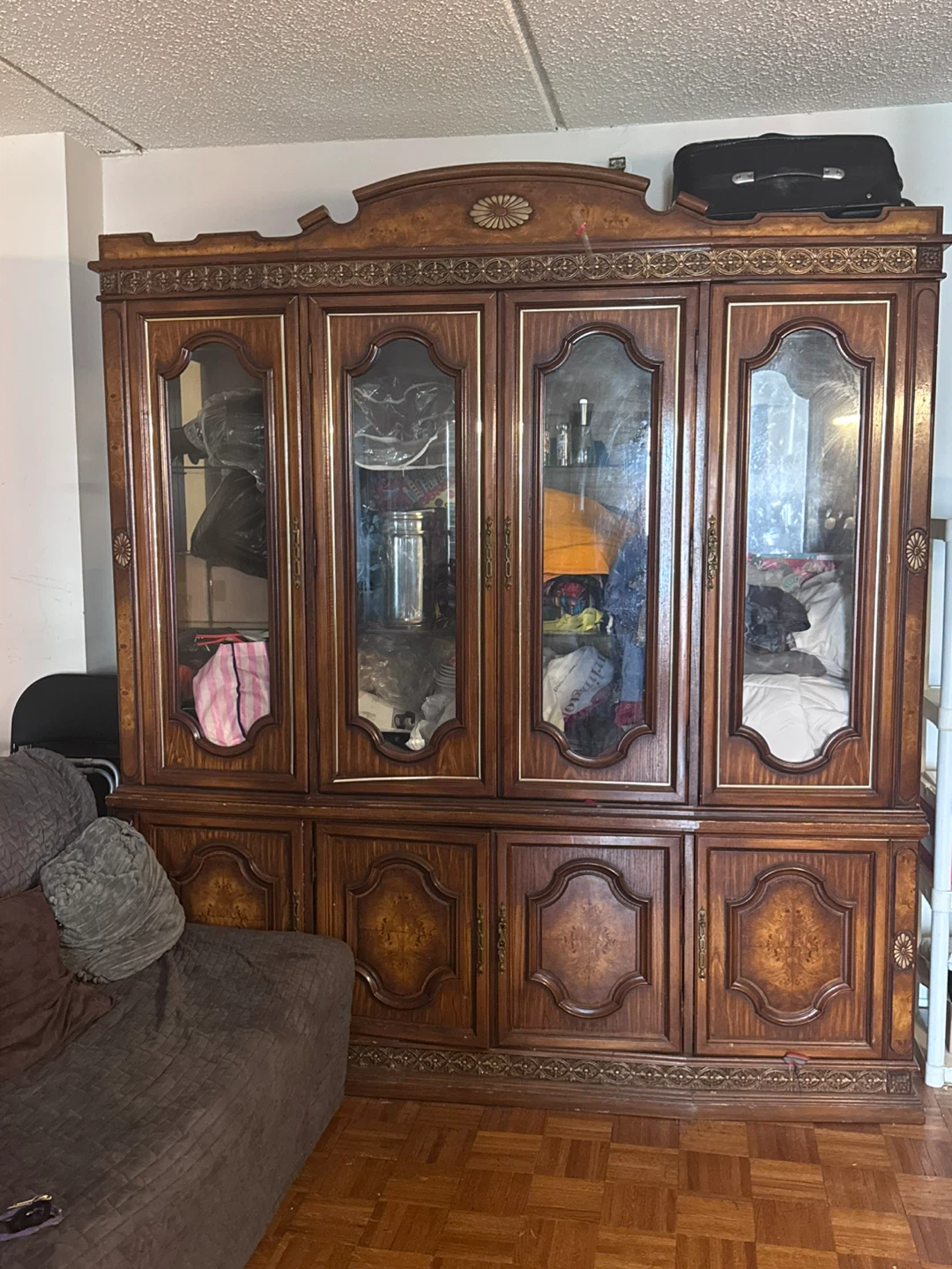 Vintage Wooden Display Cabinet with Glass Doors