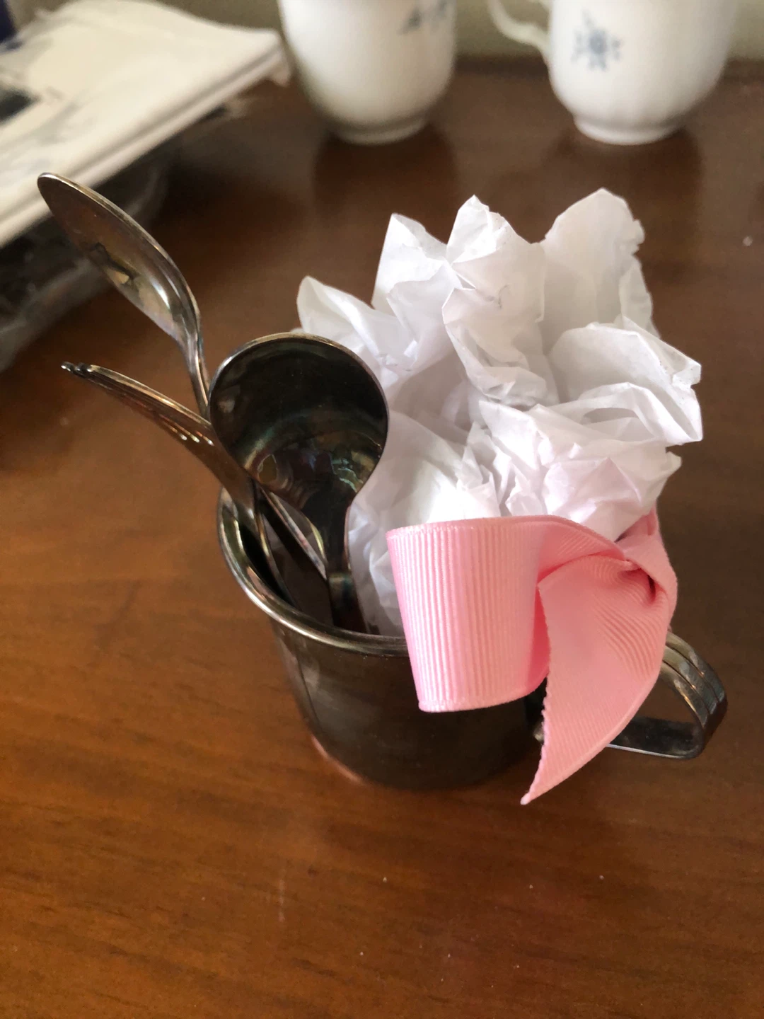 Silver cup and 3 pc cutlery