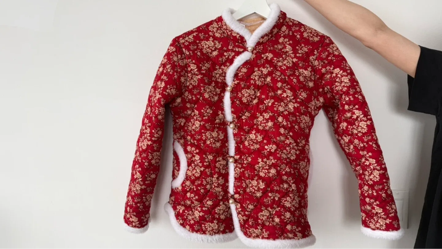 Quilted Red Floral Jacket with Faux Fur Trim