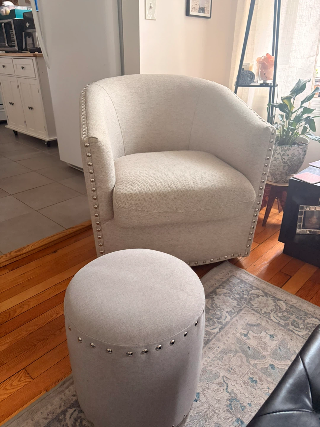 Cream Upholstered Barrel Chair with Ottoman