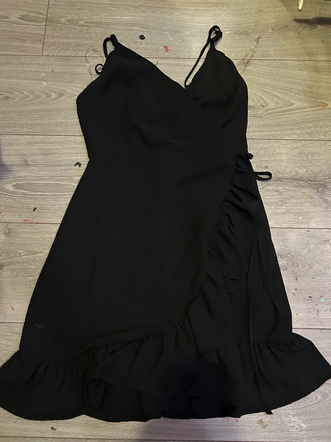 Black Spaghetti Strap Ruffle Wrap Dress