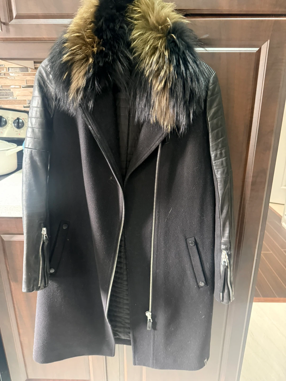 RUDSAK Black Wool Leather Trim Moto Jacket with Fur Collar - photo 2