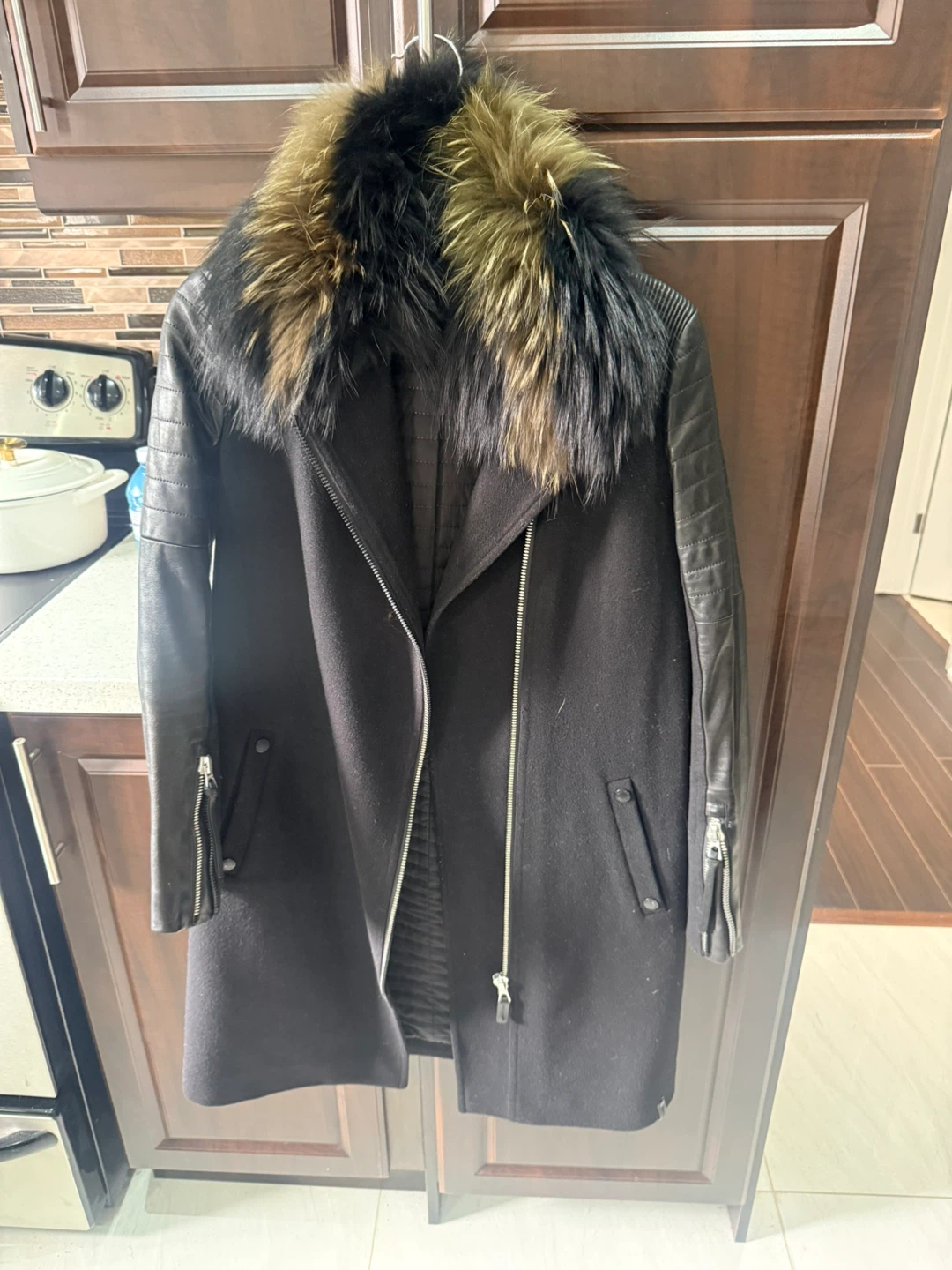 RUDSAK Black Wool Leather Trim Moto Jacket with Fur Collar