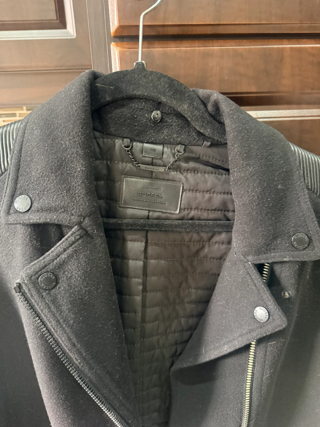RUDSAK Black Wool Leather Trim Moto Jacket with Fur Collar - photo 4