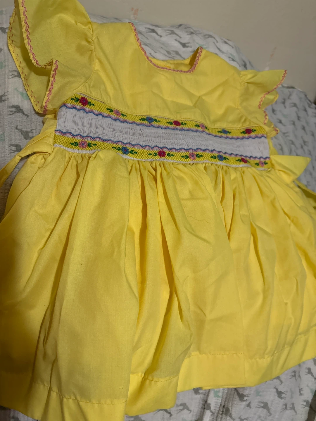 Yellow Smocked Dress with Floral Embroidery