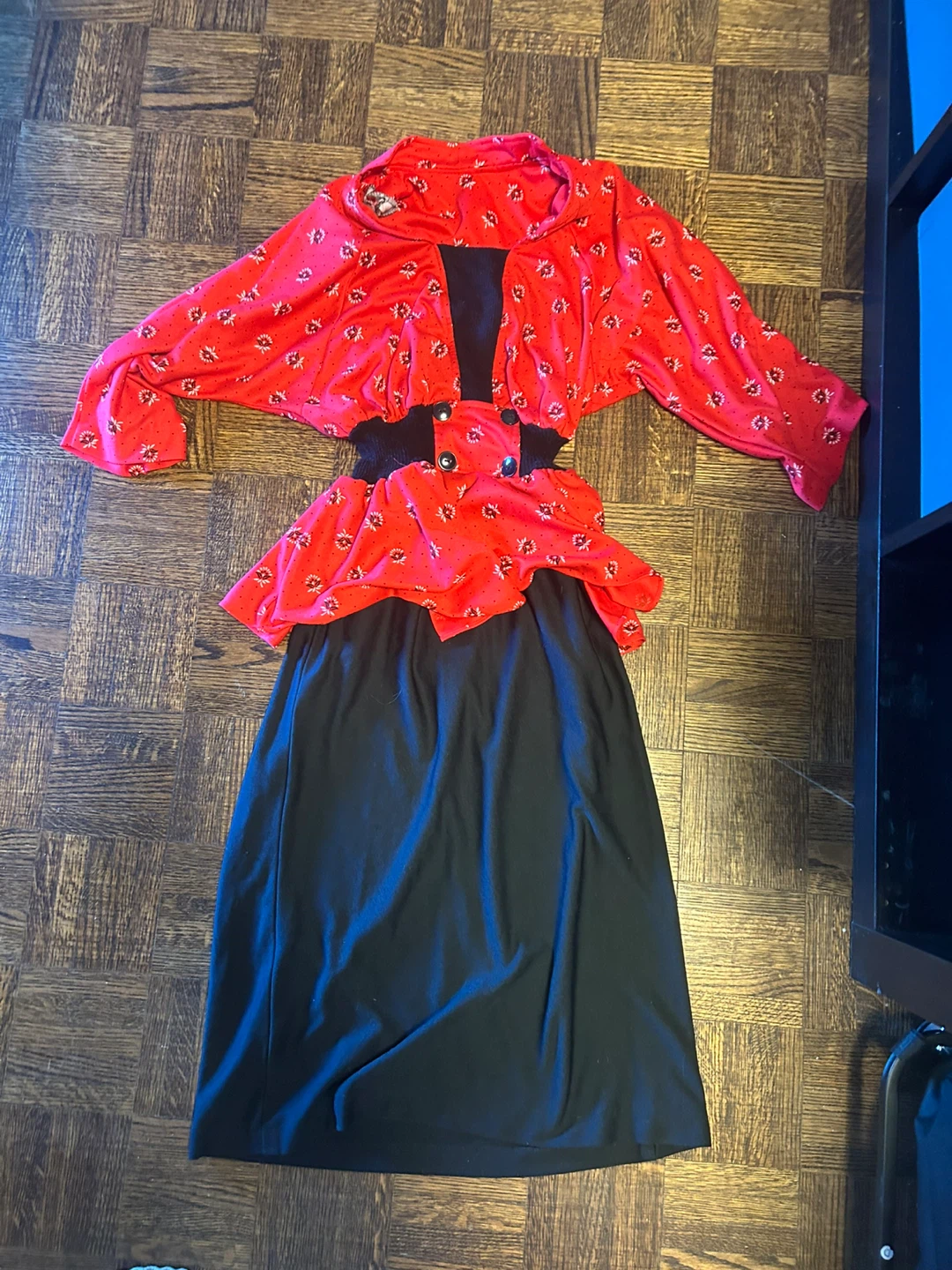 Vintage Red Floral Peplum Dress with Black Skirt