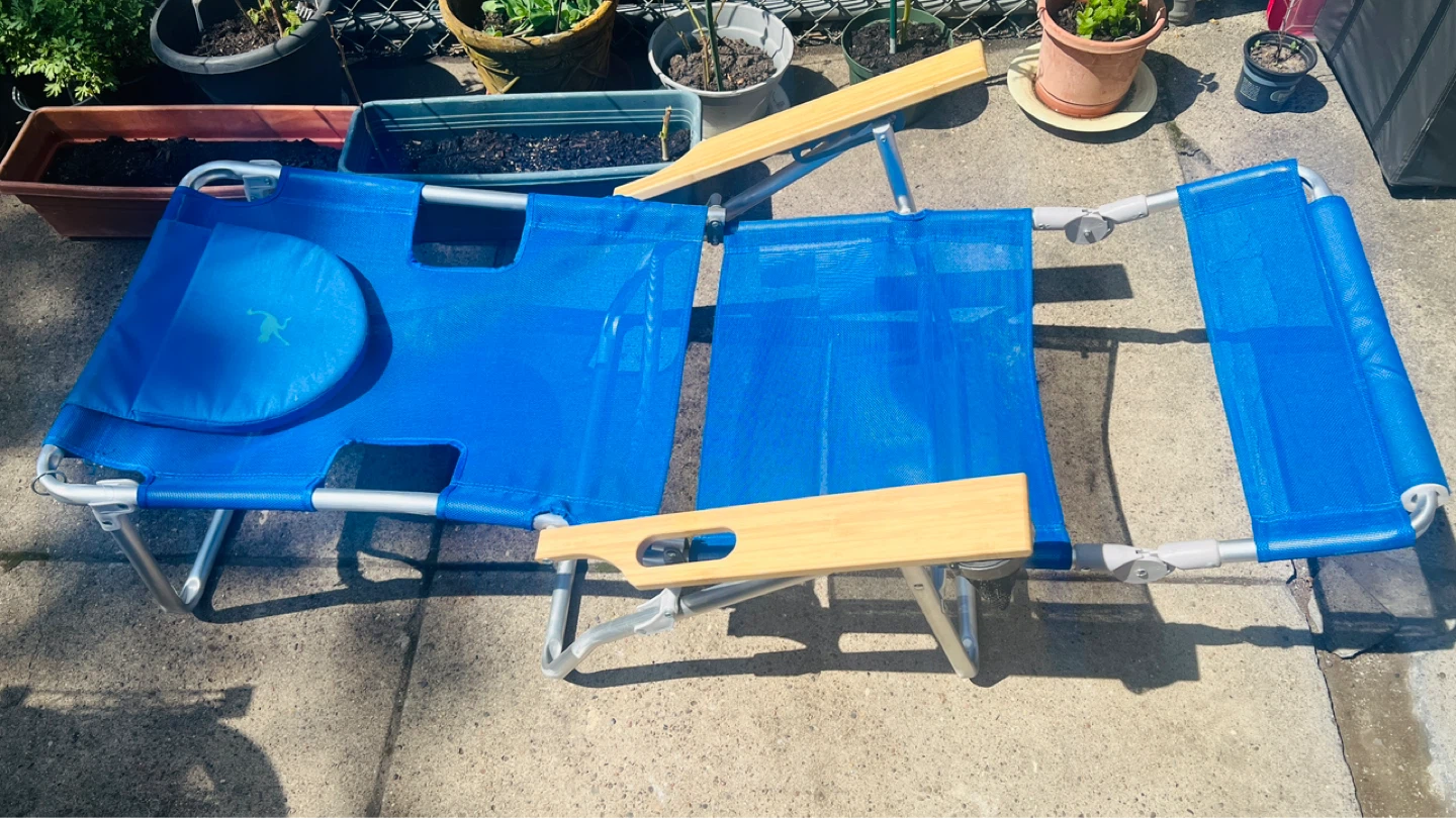 Blue Folding Beach Chair with Wooden Armrests and Cup Holder - photo 4