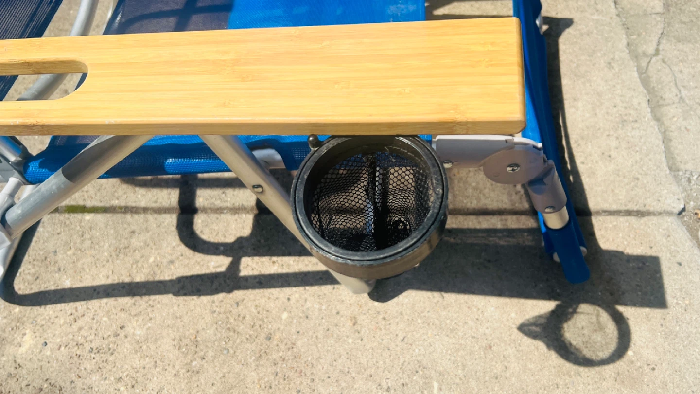Blue Folding Beach Chair with Wooden Armrests and Cup Holder - photo 3