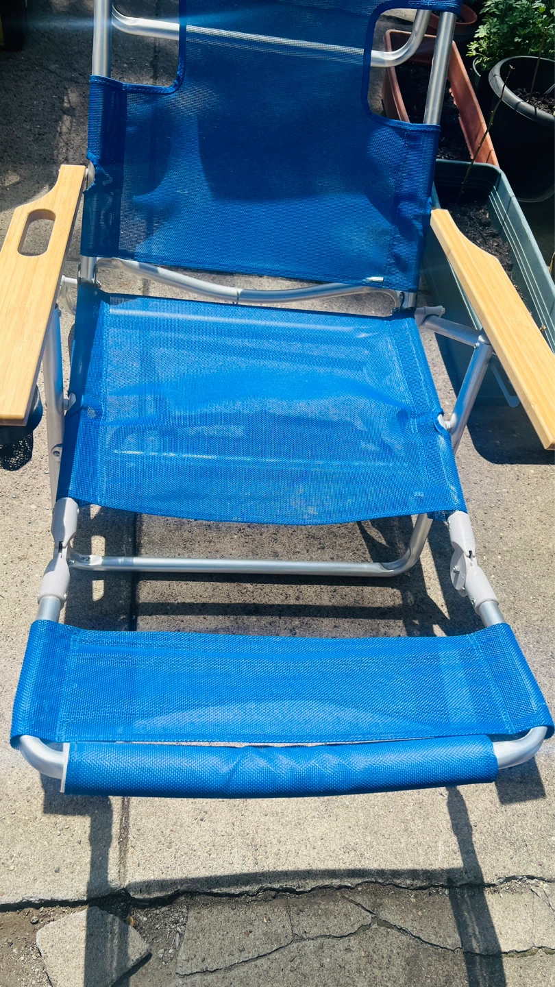 Blue Folding Beach Chair with Wooden Armrests and Cup Holder - photo 2