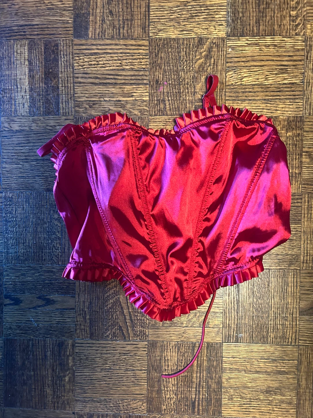 Red Satin Corset Top with Ruffles
