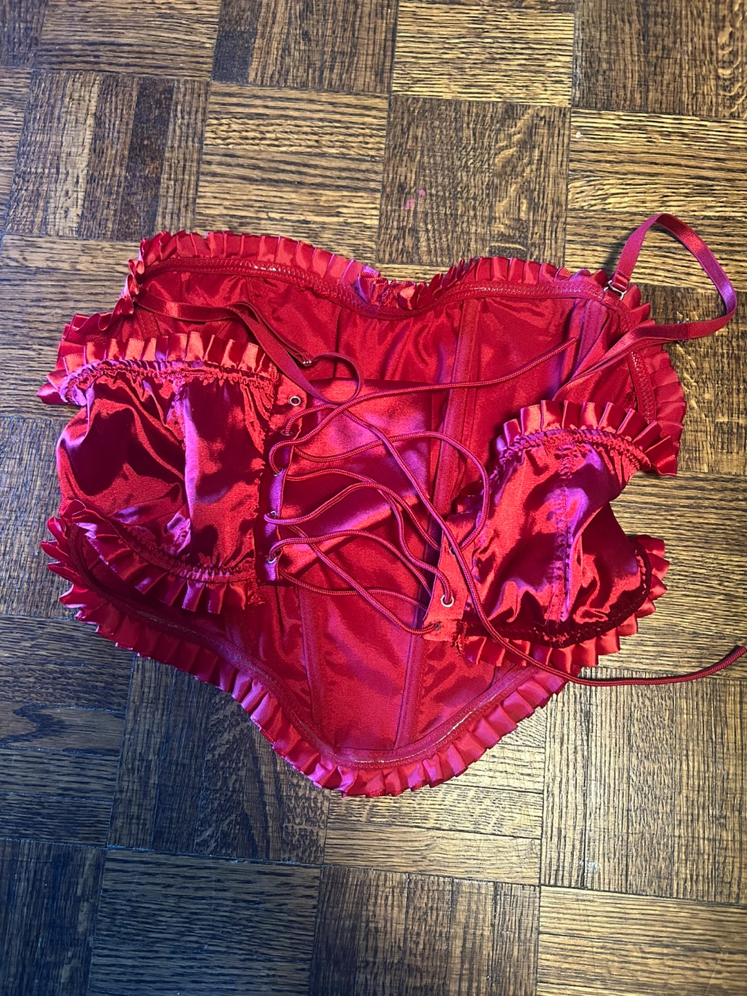 Red Satin Corset Top with Ruffles - photo 2