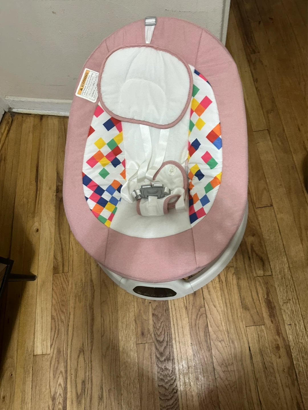 Pink Baby Bouncer Seat with Colorful Squares