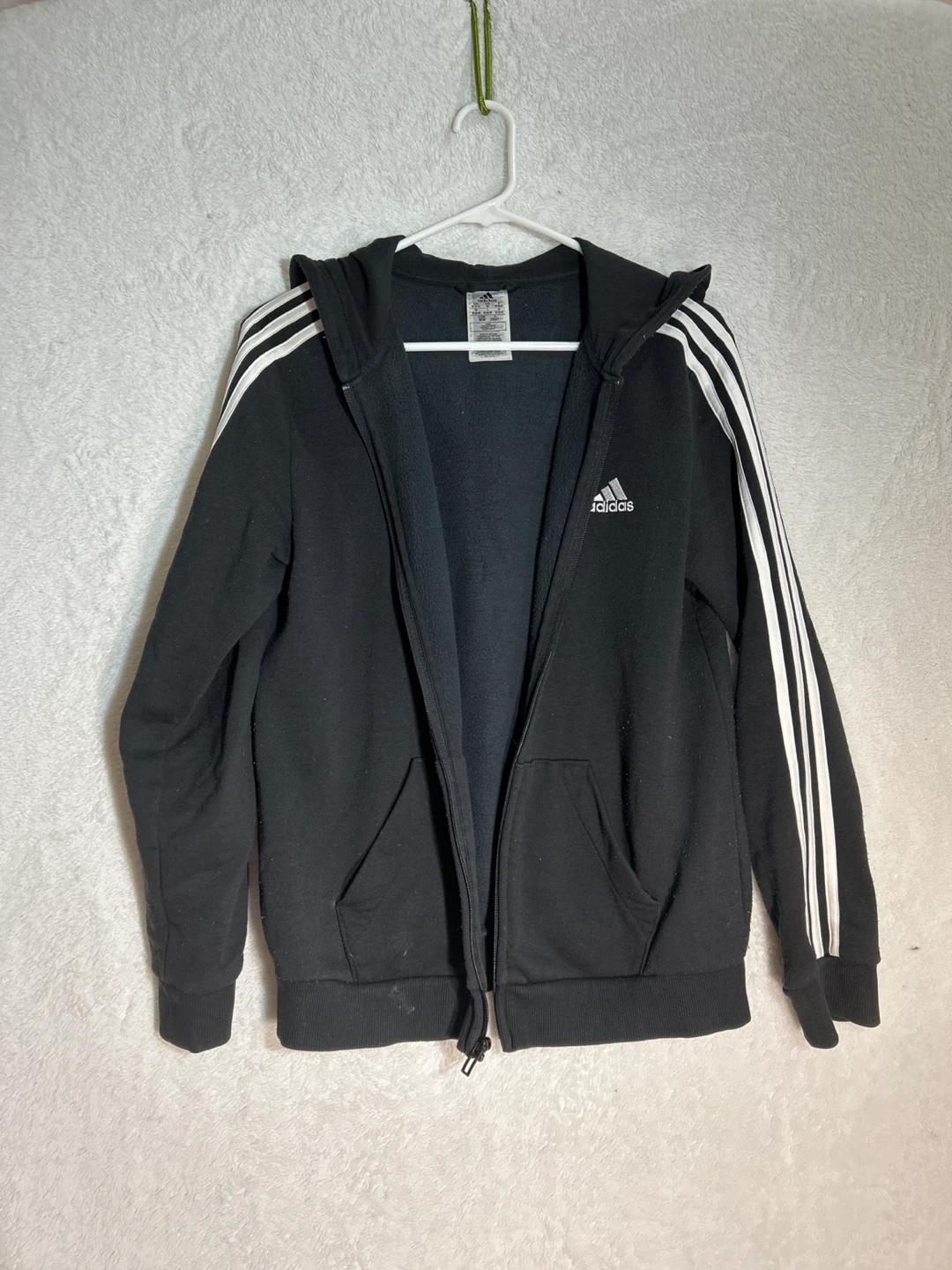 Women Adidas Black Zip-Up Hoodie with White Stripes - Size M