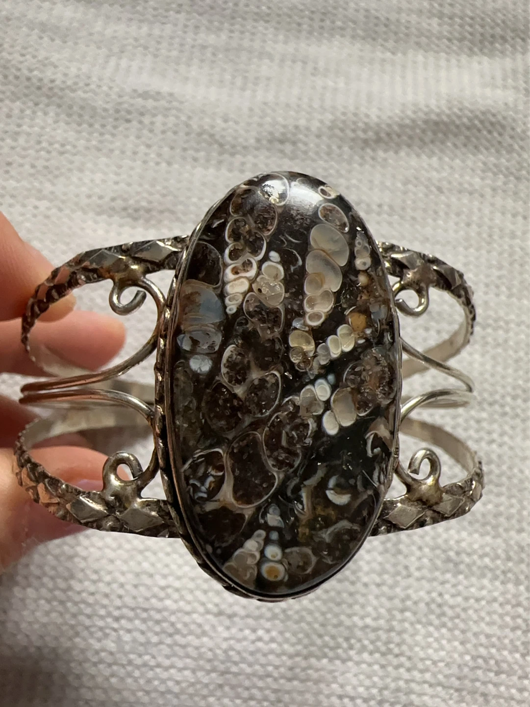 Rare Find Fossil Stone Silver Cuff Bracelet