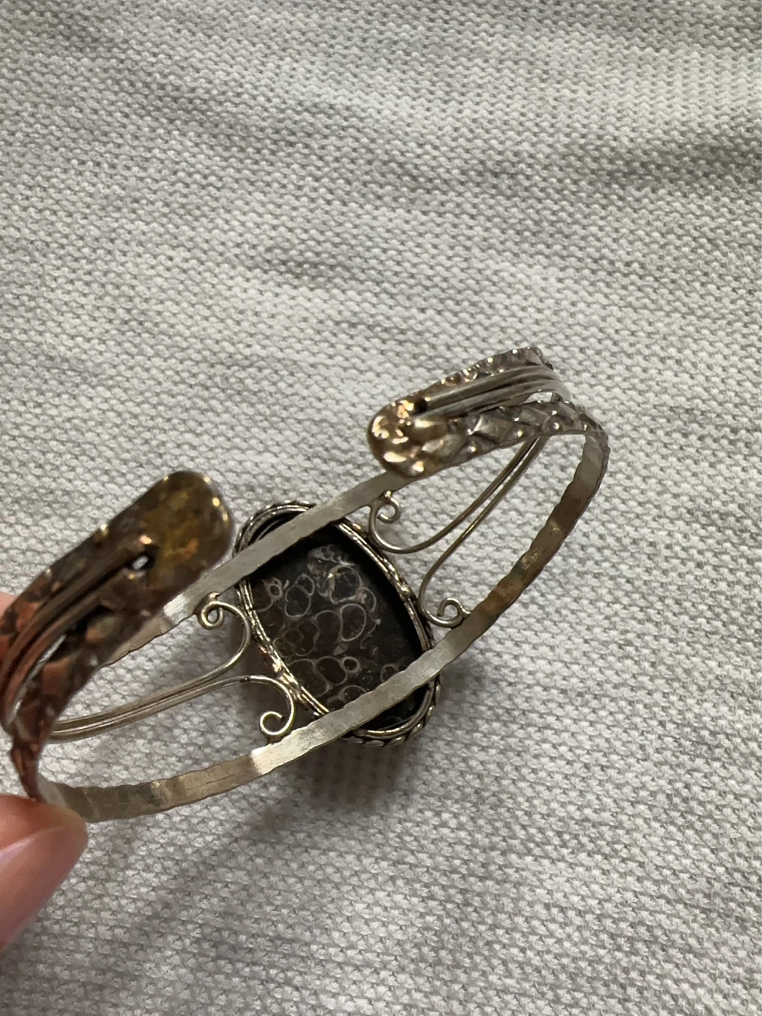 Rare Find Fossil Stone Silver Cuff Bracelet - photo 2