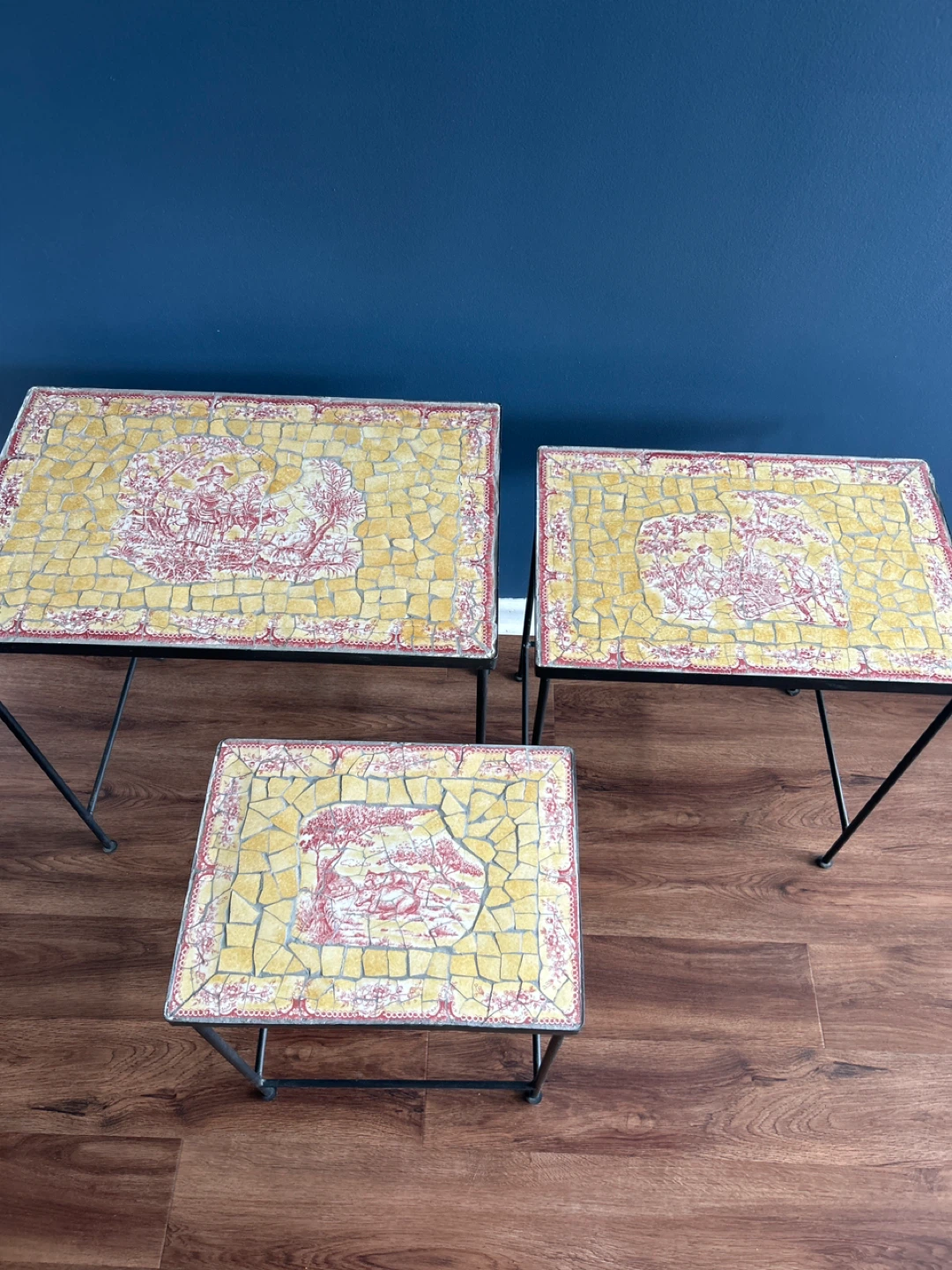 French Toile Nesting Tables Set of 3 Mosaic Tile Top - photo 2