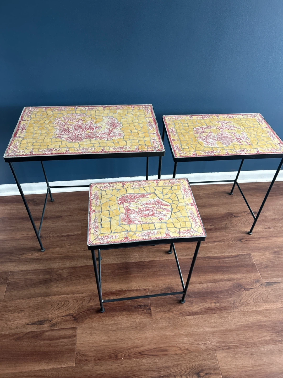 French Toile Nesting Tables Set of 3 Mosaic Tile Top