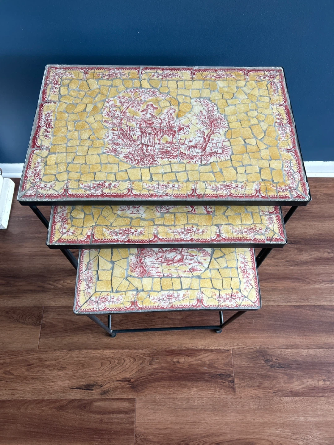 French Toile Nesting Tables Set of 3 Mosaic Tile Top - photo 4
