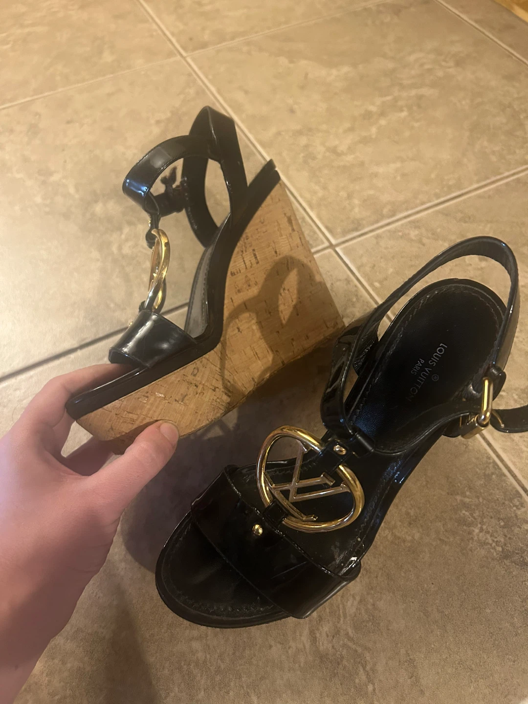 Louis Vuitton Black Patent Leather LV Wedge Sandals - photo 2
