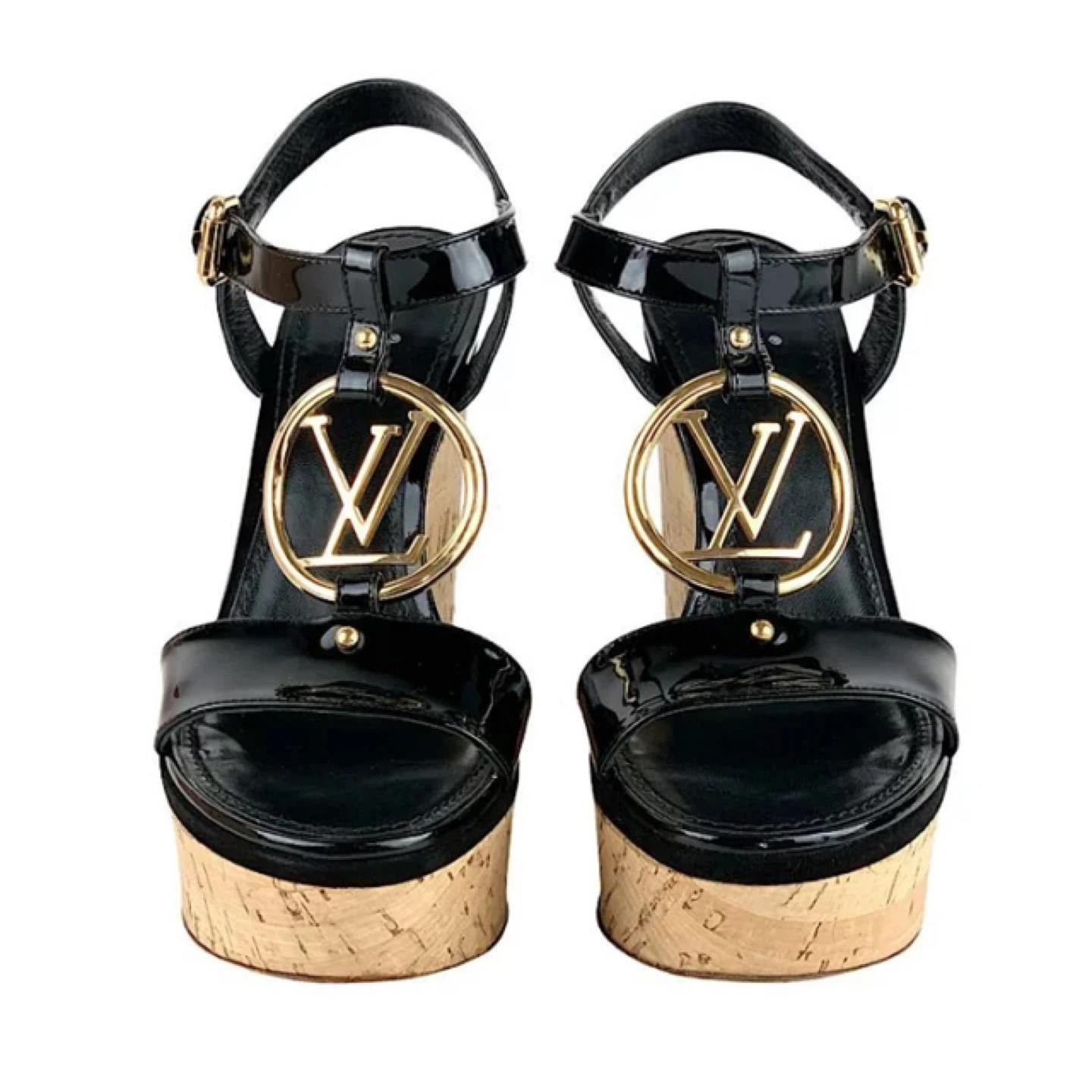 Louis Vuitton Black Patent Leather LV Wedge Sandals