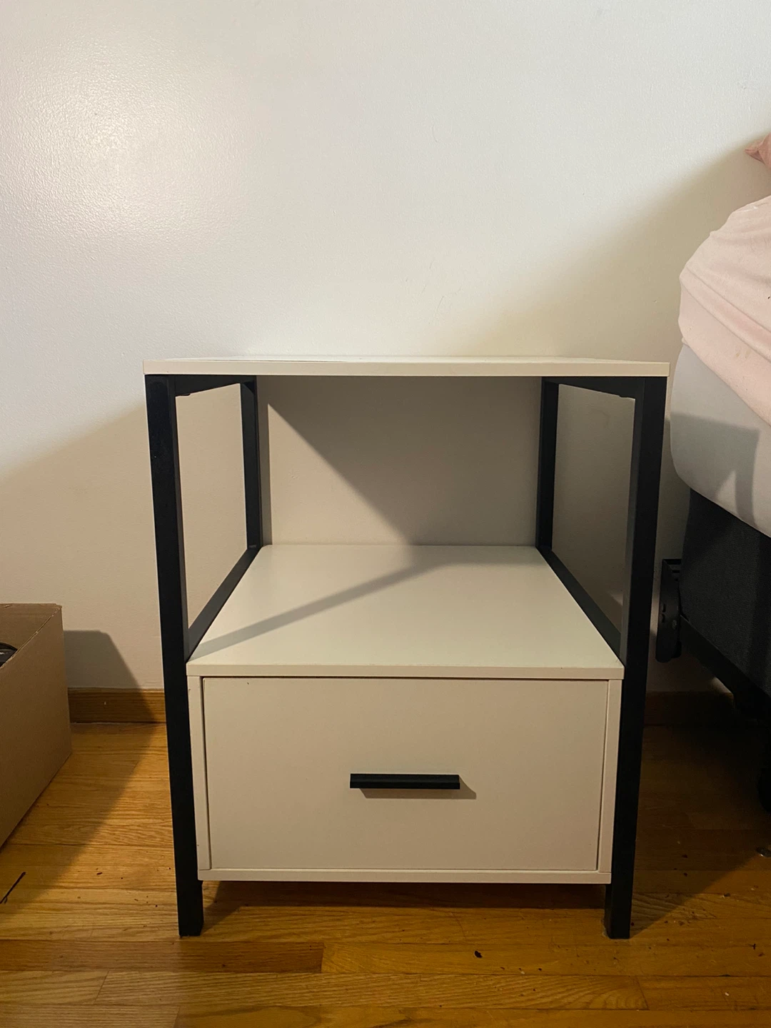 White Nightstand with Drawer and Shelf